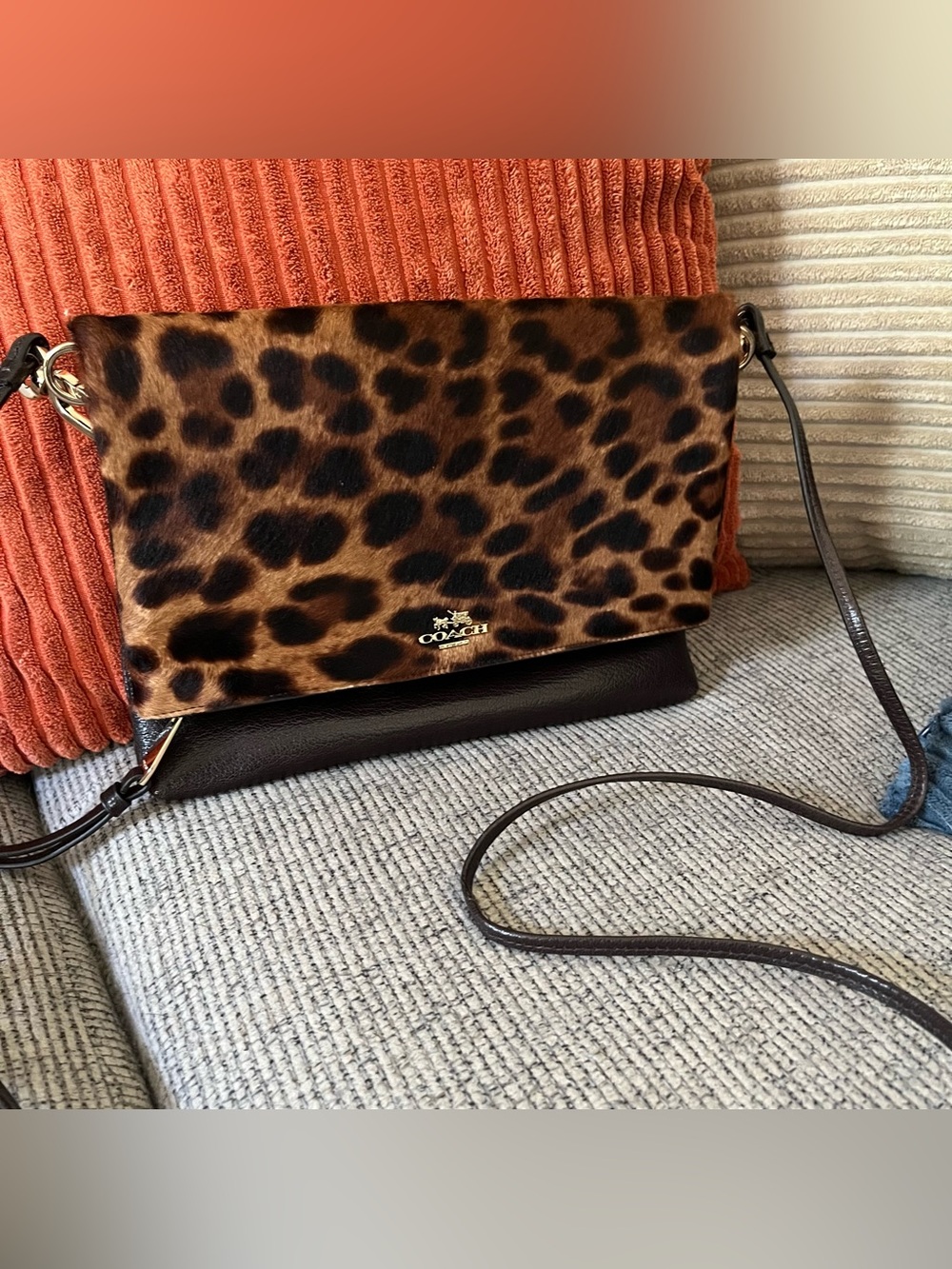 Coach Anna fold over clutch Crossbody leopard print calf hair purse EUC